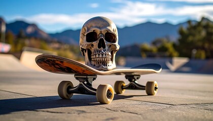 A realistic human skull perched atop a skateboard on a skatepark, with mountains in the background. It presents a macabre theme