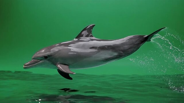 A realistic dolphin swimming and jumping in slow motion in front of a solid greenscreen background