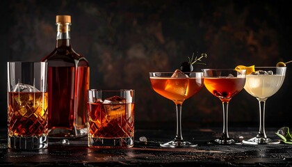 A refined composition featuring several cocktails, liquor bottle, and various glasses on a dark textured surface