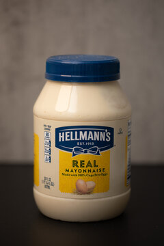 Hellman's Real Mayonnaise on gray and black background