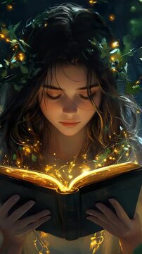 A girl reading a book with fairy lights around her