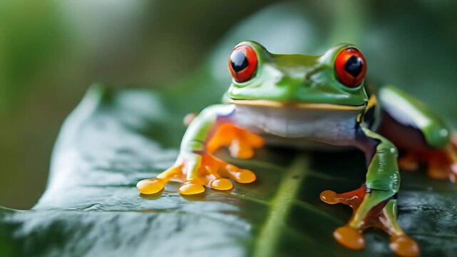 Vibrant Green and Orange Tree Frog on a Leaf