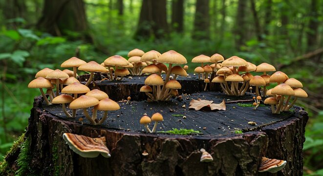 Mushrooms growing on tree stump in forest sunlight natural ecosystem