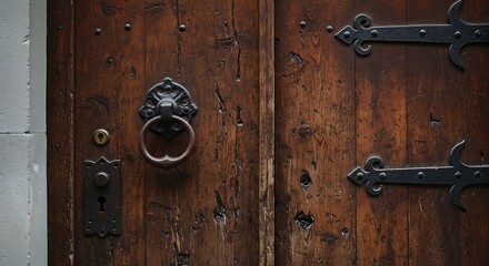 Obraz premium Close up of weathered wooden door with ornate metal hardware and details