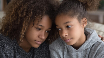 Obraz premium Two girls share a thoughtful moment together indoors