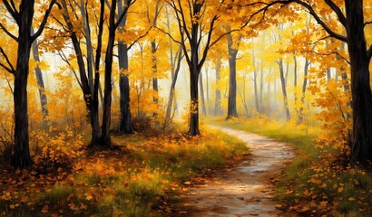 Fototapeta premium A serene autumnal forest scene with a winding path under golden canopy and fallen leaves. The vibrant yellow trees glow softly.