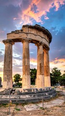 Ancient ruins at sunset.  Dramatic sky