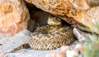 Naklejka premium A coiled snake under a rock overhang