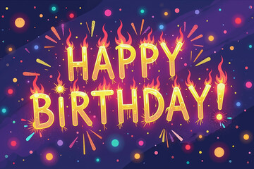 Glowing yellow letters Happy Birthday! surrounded by colorful sparks and flames on a dark purple background with multicolored dots and bokeh lights.
