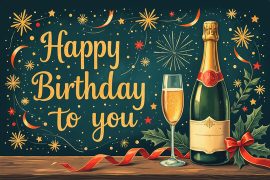 Illustration of a birthday celebration with a bottle of champagne, a glass of champagne, and a festive background with stars, fireworks, and a red ribbon on a wooden table with holly leaves.