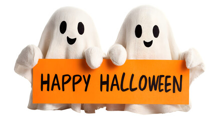 Ghost pair holding banner saying happy halloween