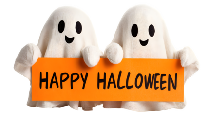 Ghost pair holding banner saying happy halloween