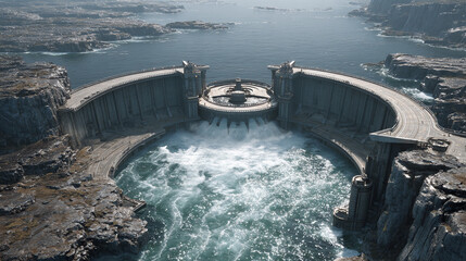 Powerful waves crash against a magnificent dam by the coast