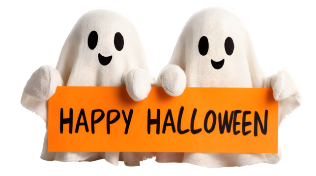 Ghost pair holding banner saying happy halloween