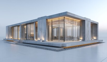 A modern minimalist concrete house featuring large glass windows and a sleek, clean design.