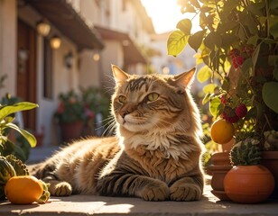 Fluffy tabby cat basking in sunlit alleyway