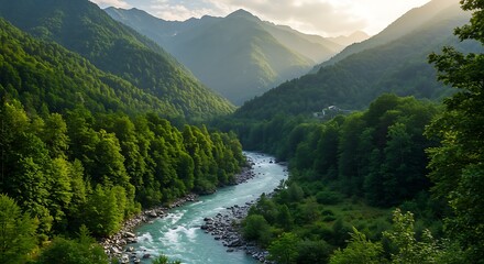 Scenic river flowing through lush green mountains with sunlight