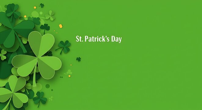 Green shamrocks and st patricks day text on a vibrant green background