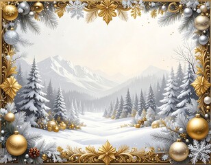 Snowy mountain landscape framed with gold and silver embellishments