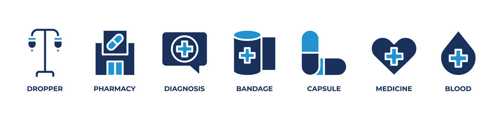 Essential Healthcare Icons  Icons set vector illustration blue with DROPPER, PHARMACY, DIAGNOSIS, BANDAGE, CAPSULE, MEDICINE, BLOOD