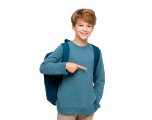 Boy child smiling and pointing while wearing a backpack on transparent background