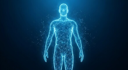 Futuristic human body hologram display for innovative technology concepts or cutting-edge medical research visuals, showcasing connectivity and advanced science