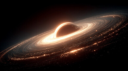 Abstract cosmic scene of a black hole system with glowing accretion disk and event horizon set against a star field, illustrating gravity singularity and deep space science wallpaper.