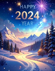 Snowy mountain landscape, happy new year 2024
