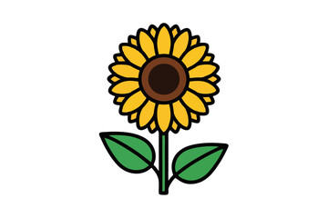 A simple, stylized illustration of a bright yellow sunflower with a dark brown center, green stem, and two green leaves.