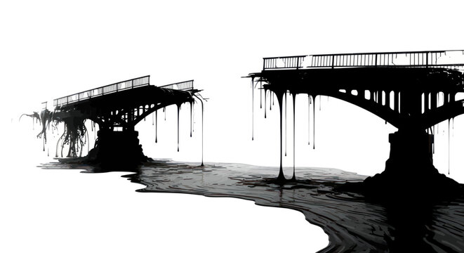 Abstract representation of broken bridges with dripping paint creating a dark mood
