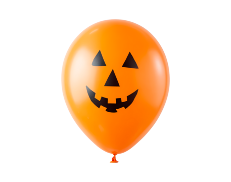 Orange halloween balloon with jack-o'-lantern face on transparent background - Powered by Adobe
