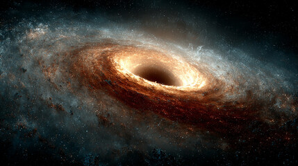 Abstract cosmic scene of a black hole system with glowing accretion disk and event horizon set against a star field, illustrating gravity singularity and deep space science wallpaper.