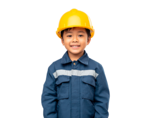 Asian male child in construction outfit with yellow hard hat smiling on transparent background