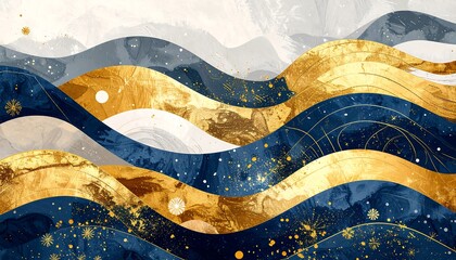 Obraz premium Abstract layered landscape featuring undulating gold, navy, and cream hues. Subtle snowfall effects add wintery charm. Decorative lines and shapes complete the design