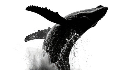 Dramatic monochrome humpback whale breaching ocean surface against white background © hidayati