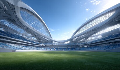 A modern large stadium with futuristic curved structures and a well-maintained green field under a clear blue sky.