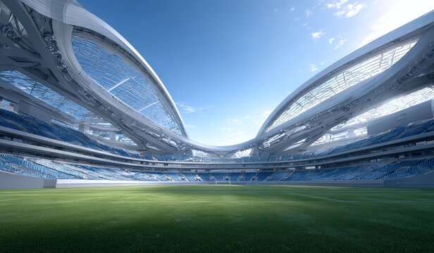 A modern large stadium with futuristic curved structures and a well-maintained green field under a clear blue sky.