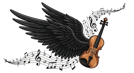 Enigmatic composition featuring a winged violin amidst flowing musical notations