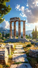 Ancient ruins bathed in golden sunlight