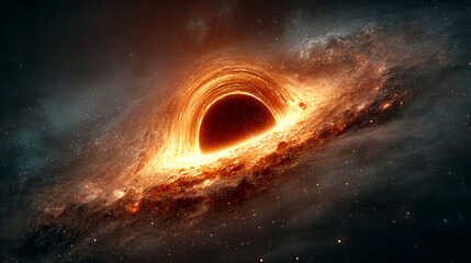 Abstract cosmic scene of a black hole system with glowing accretion disk and event horizon set against a star field, illustrating gravity singularity and deep space science wallpaper.