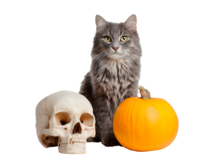 Grey cat sitting with skull and pumpkin on transparent background