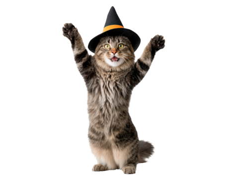 Gray cat in witch hat with raised paws celebrating halloween on transparent background - Powered by Adobe