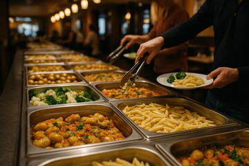 Close-up of hands serving pasta and vegetables from stainless steel trays at a self-service buffet in a busy restaurant setting.
