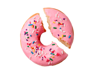 Pink frosted donut with colorful sprinkles on transparent background