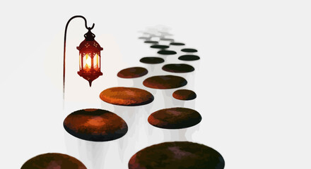 Mystical path illuminated by lantern light invites viewers on a serene journey of wonder