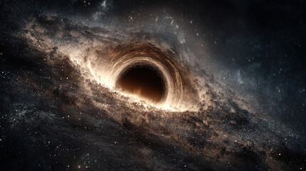 Abstract cosmic scene of a black hole system with glowing accretion disk and event horizon set against a star field, illustrating gravity singularity and deep space science wallpaper.
