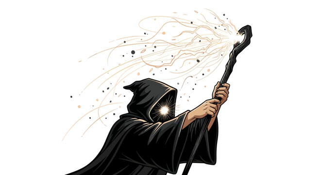 Mystical figure casting spells with a magical staff against a stark white backdrop