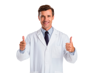 Male doctor in white coat giving thumbs up gesture on transparent background