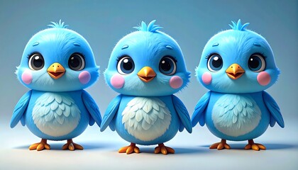 Three adorable blue cartoon birds