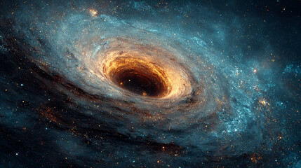 Abstract cosmic scene of a black hole system with glowing accretion disk and event horizon set against a star field, illustrating gravity singularity and deep space science wallpaper.